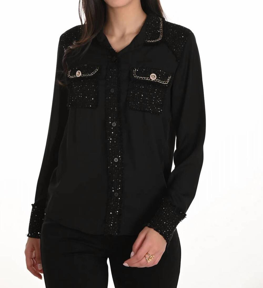 NEW FRANK LYMAN sequin trim and chain detail blouse in black